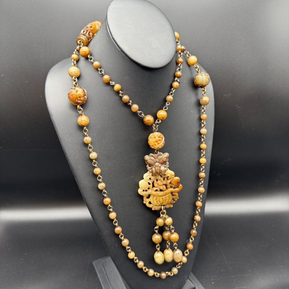 ✨ Exquisite 48" Artisan Carved Jade Necklace | Antique Style 6.5" Pendant | OOAK